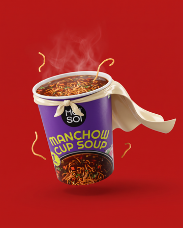 Manchow Cup Soup, lid off, steaming with fried noodles