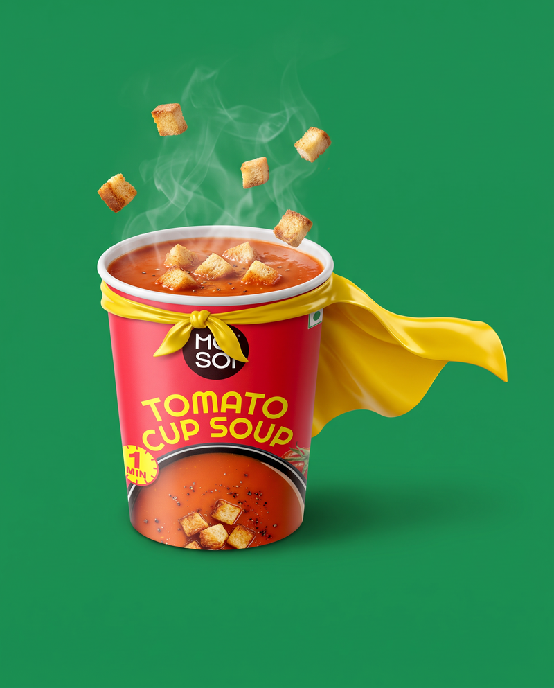 Tomato Cup Soup, lid off, steaming