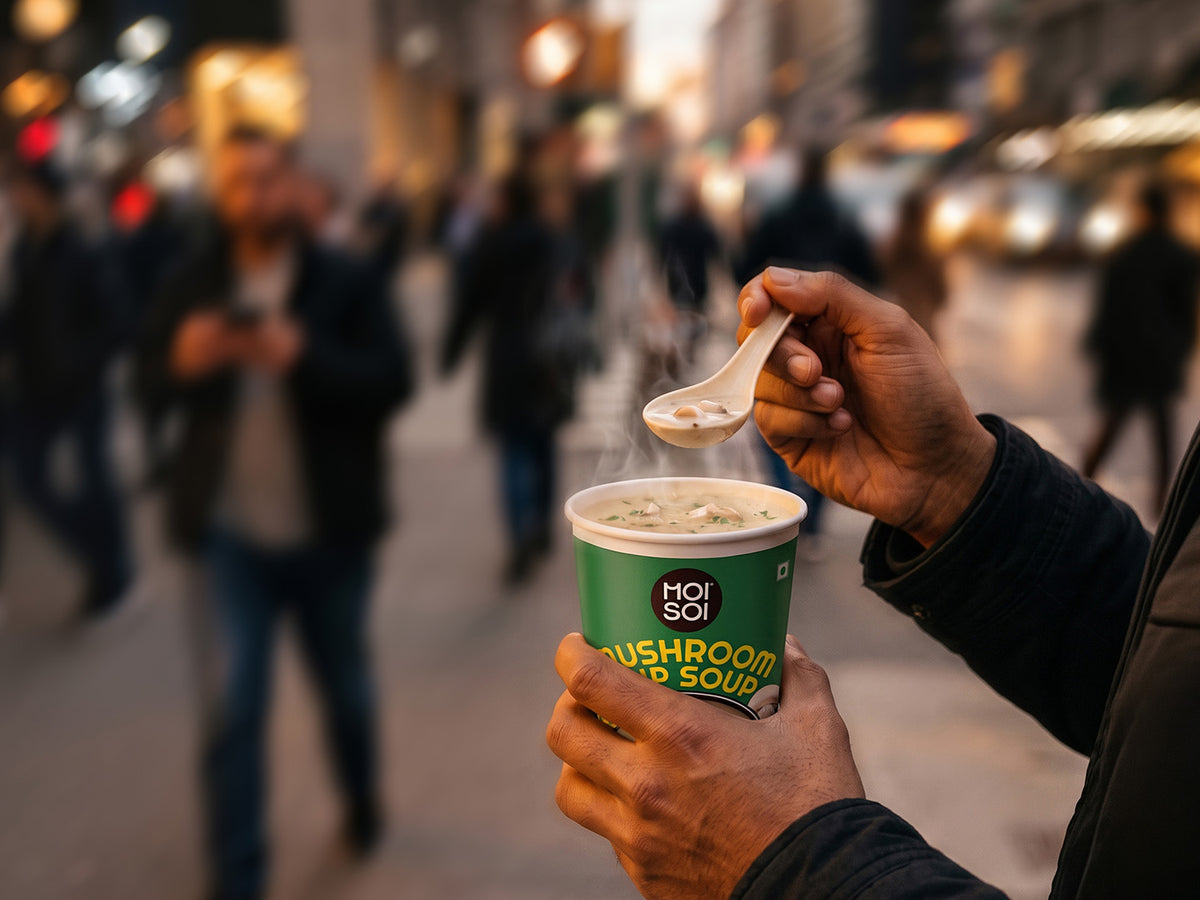 Hand holding a steaming MOI SOI Mushroom cup soup on a busy street