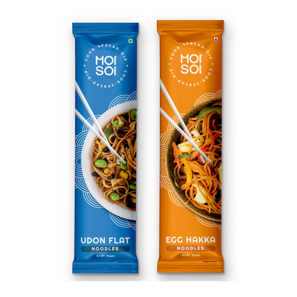 MOI SOI Noodles Value Pack of 2 - 150g Each (EGG Hakka Noodle + Udon Noodle) (No MSG | No Preservatives | 100% Real Ingredients)